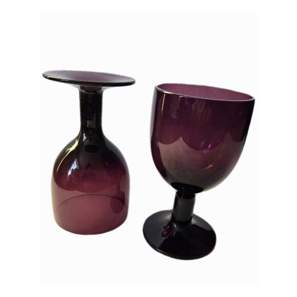 MCM Saara Hopea Untracht Nuutajärvi Amethyst Crystal 6" Wine Goblets Set of 2 - Picture 3 of 7